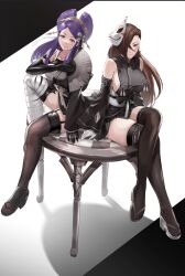 2girls alternate_costume bare_shoulders bare_thighs breasts brown_eyes brown_hair comb commission cosplay crossed_legs crossover female female_only fire_emblem fire_emblem_fates full_body gauss_<bokashi hair_bun hair_ornament hair_over_one_eye hair_stick hand_fan highres japanese_clothes kagero_(fire_emblem) large_breasts long_hair looking_at_viewer mature_female multiple_girls nier:_automata nier_(series) nintendo no_blindfold orochi_(fire_emblem) ponytail purple_eyes purple_hair sideboob simple_background sitting sitting_on_table skeb_commission skindentation smile thighs yorha_2b_(cosplay) yorha_a2_(cosplay)