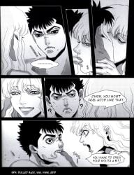 2boys berserk black_hair comic completely_nude_male dialogue doujin doujinshi gay gay_sex griffith guts_(berserk) long_hair muscular_male nude_male short_hair text white_hair yaoi