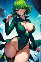 1girls ai_generated bare_legs bare_thighs big_breasts blush boob_window clothed clothing color female female_focus female_only green_eyes green_hair hi_res large_breasts light-skinned_female light_skin murinelli2 one-punch_man pussy_visible_through_clothes short_hair solo solo_female superheroine tagme tatsumaki thick_thighs