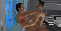 2boys 3d abs anal_penetration anal_sex artist_request bara bedroom black_hair commander_shepard detailed_background erect_nipples erection facial_hair gay half-closed_eyes hands_on_shoulders kaidan_alenko male male/male male_only maleshep mass_effect multiple_males muscles nude pecs suspended_congress tagme yaoi