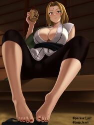 1girls absurdres artist_name bare_legs barefoot black_pants blonde_hair blush breasts cleavage collarbone facial_mark feet female female_focus foot_fetish foot_focus forehead_mark highres holding large_breasts lips looking_at_viewer mature mature_female mature_woman medium_hair milf nail_polish naruto naruto_(series) naruto_shippuden no_bra pants paravet red_nails sash shoes_removed sitting solo spread_legs thighs toenail_polish toenails toes tsunade twitter_username voluptuous