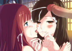 1boy 2girls after_oral bangs blue_eyes blush brown_eyes brown_hair censored cum cum_in_hair cum_on_face ejaculation female from_the_new_world hands light-skinned_female light-skinned_male light_skin long_hair male maria_akizuki meiouseijin open_mouth penis red_hair saki_watanabe semen shinsekai_yori straight_hair tagme tongue tongue_out