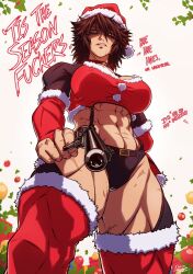 1girls abs christmas dark_hair gun messy_hair muscular muscular_female nr4ces original original_character pov revolver santa_costume santa_hat scars solo tomboy waste_(character) waste_(nr4ces) yellow_eyes