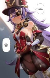 1girls breasts cameltoe chevreuse_(genshin_impact) detached_sleeves english_text eye_patch eyepatch female flashing genshin_impact gloves mole mole_under_mouth pantyhose purple_eyes purple_hair pussy skirt_lift small_breasts solo solo_female speech_bubble