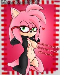 1girls amy_rose anthro armpits arms_behind_head breasts coat feet furry glasses on_knees pinkfalcon pussy sega sonic_(series)