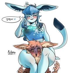 1boy 1girls anthro big_breasts blue_body blue_fur blue_hair blue_sclerosis breasts brown_body brown_eyes brown_fur brown_sclera eevee eeveelution female fur furry generation_1_pokemon generation_4_pokemon glaceon hair inner_ear_fluff long_ears male male/female nintendo noruru3737 pokemon pokemon_(species) sweat tail white_eyes