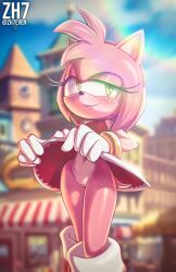 2023 absurd_res amy_rose anthro blurred_background blush boots city clothed clothing clothing_lift dress dress_lift eulipotyphlan female footwear genitals gloves green_eyes handwear hedgehog hi_res looking_at_viewer mammal navel pussy sega smile solo sonic_(series) sonic_the_hedgehog_(series) zh7even