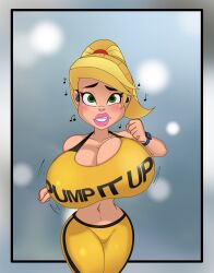 background bimbo bimbofication blonde_hair bouncing_breasts braceface braces breast_expansion drawfag earbuds english_text female female_only fully_clothed huge_breasts jogging jogging_outfit musical_note ponytail sharon_spitz sports_bra sportswear text yellow_sports_bra