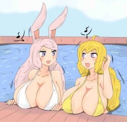 2girls big_breasts bikini bikini_top blonde_female blonde_hair bunny_ears cleavage fjtiko long_hair long_hair_female multiple_girls original_character pool purple_eyes rwby yang_xiao_long zronku