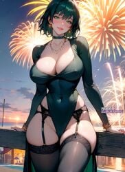 1girls ai_generated big_breasts blush clothed clothing color female female_focus female_only fireworks fubuki_(one-punch_man) green_eyes green_hair hi_res large_breasts lewdwaifulaifu light-skinned_female light_skin looking_at_viewer nipples_visible_through_clothing one-punch_man short_hair solo solo_female stockings superheroine tagme thick_thighs