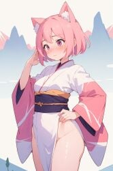 ai_generated blushed cat_girl catgirl jorgecarlosai kimono mountain mountains neko neko_girl nekomimi pink pink_eyes pink_hair short_hair shy small_boobs small_breasts thick thick_ass thick_thighs wide_hips