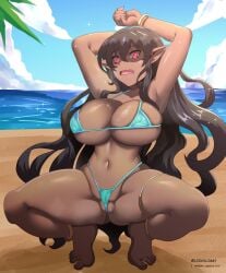 1girls beach black_hair blue_swimsuit cardfight!!_vanguard dark-skinned_female elf large_breasts loquillo luticia_(cardfight!!_vanguard) red_eyes squatting thick_thighs