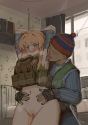 1boy absurdres ahoge ammunition_pouch armpit_fetish armpit_lick armpit_licking banana_batter beanie blonde_hair blonde_pubic_hair blue_eyes blush bound escape_from_tarkov faceless faceless_male female green_sports_bra groping hair_between_eyes hat heavy_breathing highres indie_virtual_youtuber indoors kitchen licking licking_armpit load_bearing_vest mole mole_under_eye pom_pom_(clothes) pom_pom_beanie pouch pubic_hair pussy sports_bra steaming_body sweater tape tape_bondage uncensored virtual_youtuber whiskey_project xerbatt