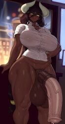 1futa 2024 animal_genitalia animal_penis balls ballsack bottomless breasts brown_hair brown_skin clothed clothing curved_horn dangling_testicles dark-skinned_futanari dark_skin equine_penis flaccid_penis futa_only futanari horns horsecock horsecock_futanari huge_breasts huge_cock humanoid long_hair low_hanging_balls medial_ring necrosmos partially_clothed penis scrotum shaved_crotch solo standing testicles veiny_penis yellow_eyes