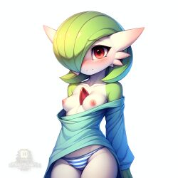 ai_generated anthro blush breasts female gardevoir halfaslime loose_clothes off_shoulder pokémon_(species) pokemon pokemon_(species) simple_background small_breasts solo standing striped_panties white_background white_skin