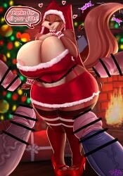 absolute_territory absurd_res anthro areola areola_slip big_breasts black_nose breasts brown_body brown_fur canid canine censor_bar censored christmas christmas_clothing christmas_headwear closed_eyes clothing curvy_figure derpx1 disney english_text eyelashes female fire fireplace fox fur garter_straps genitals group hand_to_face hat headgear headwear hi_res holidays huge_breasts maid_marian mammal midriff penis raised_tail robin_hood_(disney) santa_hat solo_focus standing tail tail_motion tailwag text thick_thighs vein veiny_penis voluptuous wide_hips