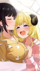 2girls admiring clothed_female drooling groping holoforce hololive hololive_gen_2 hololive_japan large_breasts oozora_subaru pajamas sheep_girl sleep_molestation sleeping sweatdrop tomboy tsunomaki_watame uncomfortable virtual_youtuber yuri