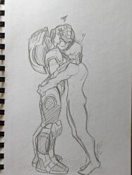 1boy 1girls annoyed annoyed_expression arcee arcee_(g1) ass ass_grab face_in_breasts female grabbing_ass robot robot_girl robot_humanoid size_difference sketchy_fox traditional_media_(artwork) transformers