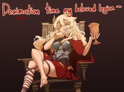 1girls ancient ancient_rome barefoot blonde_hair bracelet breastplate breasts centurii-chan centurii-chan_(character) cloak clothed clothed_female clothes clothing cuirass dominant dominant_female domination english_text feet female female_human female_only female_solo femdom glass goblet golden_eyes hair history holding_goblet hourglass_figure human knee_up laurel_crown laurel_wreath leg_lift light-skinned_female light_skin long_hair medium_breasts muscle_cuirass red_cloak roman roman_empire sandals seduction seductive sitting sitting_on_throne skinny skinny_female skirt smile smug solo solo_female thighs throne toes waist wavy_hair wreath