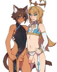 2boys angel angel_boy big_penis blonde_hair blue_eyes brown_hair cat_ears cat_tail catboy comparing comparing_penis comparison femboy flaccid girly halo large_penis long_hair male/male male_only mokotoko9 oskar_(coffee.png) penis penis_size_difference sera_(raylero_oc) short_hair small_penis trap yaoi