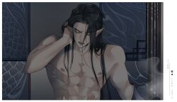 1boy artist_name bl black_hair border boy_love closed_eyes dangle_earrings earrings fangs fern_arts gay hand_on_own_head hands_on_another's_stomach he_xuan he_xuan_(heaven_official's_blessing) heaven_official's_blessing hi_res highres implied_sex implied_yaoi indoors jewelry long_hair male male_only muscular muscular_male naked nipples novel nude open_mouth out_of_frame pectorals pointy_ears smoke tianguan_cifu topless topless_male undressing wallpaper_(object) white_border yaoi