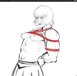 1girls abs biceps blush breasts capcom female female_only femsub marisa_rossetti muscular muscular_female muscular_sub perkytiddies09 restrained shirt_lift solo street_fighter street_fighter_6