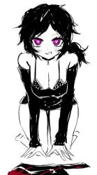 1girls ashley_graves big_breasts blood blush bra cleavage cleaver_(knife) female heart-shaped_pupils kneeling licking_lips looking_at_viewer scorpiionvenom solo the_coffin_of_andy_and_leyley thighs white_background