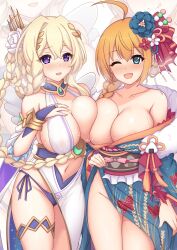 2girls aroused_smile breast_to_breast cygames full-face_blush huge_breasts in_heat kimono kimono_lift kimono_pull lyrael_(princess_connect!) multiple_girls one_eye_closed pecorine pecorine_(princess_connect!) princess_connect! pussy_dripping_through_clothes pussy_juice squished_breasts sweaty_breasts thick_thighs wide_hips