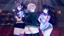 3girls artist_request ass ass back_view big_ass black_hair blue_hair breasts danganronpa danganronpa_2:_goodbye_despair female_only front_view koikatsu long_hair middle_finger mioda_ibuki nanami_chiaki nurse_uniform peace_sign pink_hair purple_hair short_hair side_view tagme three_tone_hair tsumiki_mikan v_sign