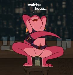 2024 absurd_res accessory anthro bar bar_stool belt bodily_fluids bottomless bra bra_only breasts clothed clothing container crouching cup detailed_background dialogue digital_drawing_(artwork) digital_media_(artwork) digitigrade drinking_glass drunk female flat_colors full-length_portrait furgonomics furniture genital_fluids genitals glass glass_container glass_cup hands_behind_head happy hi_res horn inside kobold laugh navel non-mammal_breasts on_stool open_mouth open_smile peeing peeing_into_container peeing_into_cup pink_body pink_pussy pink_scales pink_tongue portrait pussy scales sleepysheepy17 smile solo spilled_drink sports_bra stool substance_intoxication tail tail_accessory tail_belt teeth text tongue underwear underwear_only urine urine_stream watermark watersports white_text yellow_horn