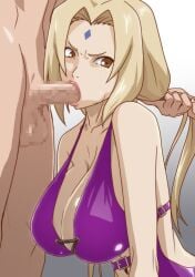 1girls :>= bikini blonde_hair breasts brown_eyes censored cheek_bulge cleavage clothed_female_nude_male facial_mark fellatio female forehead_mark grabbing_another's_hair highres kyabakurabakufu large_breasts legs long_hair looking_at_viewer mosaic_censoring naruto naruto_(series) naruto_shippuden nude oral penis simple_background standing straight swimsuit thighs tsunade twintails white_background