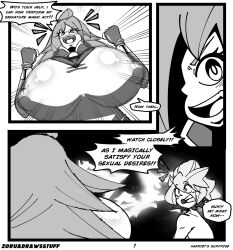 1boy 1girls 2024 action_lines asking_for_sex big_breasts breasts comic_panel dialogue duo duo_focus english_text female fully_clothed gigantic_breasts harriet_(zoruadrawsstuff) huge_breasts large_breasts long_hair looking_at_partner male monochrome nipple_bulge oc original original_character shocked shocked_expression short_hair talking_to_partner text tight_clothing top_heavy topwear white_background zor_(zoruadrawsstuff) zoruadrawsstuff