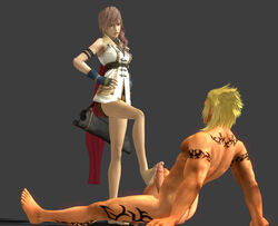 1boy 1girls 3d barefoot blonde_hair brown_hair clothed_female_nude_male dest eclair_farron erection feet female femdom final_fantasy final_fantasy_xiii final_fantasy_xiii-2 footjob human male malesub penis snow_villiers straight tattoo xnalara