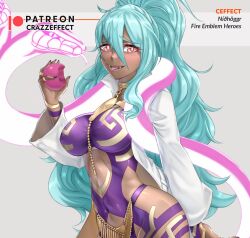 1girls bare_thighs blue_hair blush bodystocking breasts coat crazzeffect dark-skinned_female dark_skin eating female female_only fire_emblem fire_emblem_heroes fruit grey_background hair_between_eyes large_breasts light_blue_hair long_hair long_sleeves looking_at_viewer nidhoggr_(fire_emblem) nintendo pink_eyes ponytail smile snake solo thighs tongue tongue_out upper_body very_long_hair wavy_hair