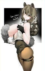 2024 animal_ears arknights bags_under_eyes bare_shoulders black_gloves black_shorts breasts breasts_out brown_hair brown_pantyhose covering_breasts covering_privates english_text female from_side gloves hi_res high-waist_shorts large_breasts long_hair looking_at_viewer looking_to_the_side low_ponytail naxius_noxy no_bra open_mouth orange_eyes pantyhose raccoon_ears raccoon_girl raccoon_tail robin_(arknights) shirt shorts simple_background skindentation sleeveless sleeveless_shirt solo tail tail_censor thigh_strap white_shirt