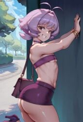 1boy 1femboy 2025 against_wall ai_generated alternate_version_available antenna_hair ass big_ass breasts choker crossdressing femboy feminine_male girly komi-san_wa_komyushou_desu looking_at_viewer man_boobs man_breasts neigh osana_najimi outdoors outside purple_hair skirt smile smiling strapless_top strapless_topwear thick_thighs thighs top topwear trap