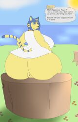 animal_crossing ankha ankha_(animal_crossing) anthro ass ass_bigger_than_head big_ass big_breasts blue_eyes breasts breasts_bigger_than_head clothed clothing dialogue dress felid feline female furry genitals hi_res huge_ass huge_breasts looking_at_viewer looking_back mammal nintendo photolol.03 pussy sitting solo text thick_thighs truck wide_hips