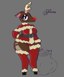 absurd_res anthro antlers black_eyes brown_body brown_fur camel_toe christmas clothing deer eyelashes female fur grey_background hand_on_hip hi_res holidays hooves horn justelm25 legwear looking_at_viewer mammal new_world_deer panties red_clothing red_legwear red_nose red_panties red_thigh_highs red_topwear red_underwear reindeer simple_background solo thick_thighs thigh_highs topwear underwear wide_hips