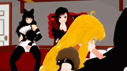 1boy 3girls animated black_hair black_hair_female blake_belladonna blonde_female blonde_hair blowjob clothed clothed_female clothing cucked_by_human cuckquean faceless_male female gif human male masturbation multiple_girls oral pale_skin penis purple_eyes red_highlights ruby_rose rwby silver_eyes submergedbird voyeur watching yang_xiao_long