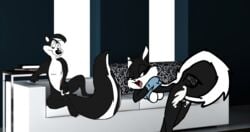 anthro bent_over black_fur bottomless breasts cat clothes feline female fur indoors interspecies looney_tunes male mammal nude penelope_pussycat pepe_le_pew sitting skunk smooth_fur tagme tail white_fur