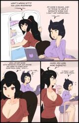 2girls ass ass_awe big_ass big_breasts black_hair black_hair_female blake_belladonna breasts cleavage fjtiko laptop long_hair long_hair_female looking_at_ass milf nickname ponytail raven_branwen red_eyes rwby text yellow_eyes zronku