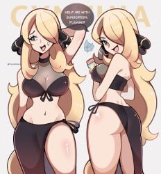 1girls ass bikini bikini_bottom bikini_top black_bikini black_bikini_bottom black_bikini_top black_clothing blonde_female blonde_hair breasts cynthia_(pokemon) female female_only game_freak human jpeg nintendo pokemon pokemon_dppt shiny_breasts shiny_clothes shiny_skin touyarokii