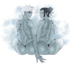 2boys ass big_ass big_butt black_eyes black_hair blue_eyes bra butt fat_ass fat_butt glasses huge_ass huge_butt jujutsu_kaisen looking_at_viewer looking_back looking_back_at_viewer lovettica male male_only satoru_gojo sitting suguru_geto thick_ass thick_butt thong white_hair