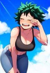 1girls abs adult_swim ai_generated black_shirt blue_sky cleavage closed_eyes cloudscape crying_with_eyes_open eyelashes female_deku genderswap_(mtf) green_hair hand_on_hip hand_on_leg hand_on_thigh izuku_midoriya krystalizedart large_breasts laugh laughing leaning_forward long_eyelashes my_hero_academia narrow_waist open_mouth rule_63 short_hair solo solo_female solo_focus tears tears_of_joy tears_of_pleasure teeth teeth_showing thick_thighs tomboy toonami