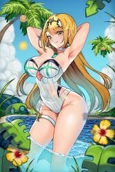 1girls arms_behind_head beach blonde_hair breasts clothed core_crystal female female_only hibiscus in_water looking_at_viewer mom0ka mythra nintendo outdoors pose solo xenoblade_(series) xenoblade_chronicles_2 yellow_eyes