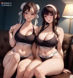 2girls ai_generated big_breasts black_hair blacked blacked_clothing brown_hair capcom cheating cheating_girlfriend cheating_wife chun-li crossover curvy curvy_female female female_only large_breasts light-skinned_female light_skin looking_at_viewer multiple_girls netorare ntr red_eyes samsara_ai spy_x_family street_fighter street_fighter_6 yor_briar yor_forger