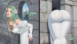 1girls ai_generated ass bare_shoulders big_ass bottom_heavy circlet english_text fire_emblem fire_emblem:_three_houses green_dress green_hair hair_flower huge_ass lt4_ai rhea_(fire_emblem) smile stuck stuck_in_door stuck_in_wall text the_forbidden_dress through_wall tight_dress white_dress wide_hips