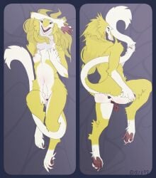 ambiguous_fluids anthro anus breasts butt clitoral_hood dakimakura dlrp99 fangs female front_view fur genitals hair hand_on_breast hand_on_butt hi_res long_hair looking_at_viewer lying nipples open_mouth prehensile_clitoral_hood presenting presenting_hindquarters rear_view sergal smile solo tail teeth tongue vulva
