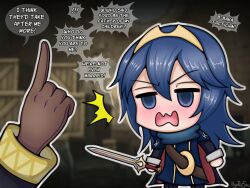 ! !!! 1boy 1girls angry blue_eyes blue_hair blush box cape chibi embarrassed english_text falchion_(fire_emblem) female female_focus fire_emblem fire_emblem_awakening gloves hair_between_eyes heavy_blush hyoreisan indoors long_hair long_sleeves lucina_(fire_emblem) male nintendo robin_(fire_emblem) robin_(fire_emblem)_(male) shocked solo_focus sword symbol-shaped_pupils text tiara tsundere very_long_hair weapon