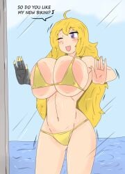 1girls against_glass big_breasts bikini bikini_bottom bikini_top blonde_female blonde_hair breast_press breasts_against_glass busty cleavage female female_only fjtiko large_breasts long_hair long_hair_female navel purple_eyes robotic_arm rwby smile solo yang_xiao_long zronku